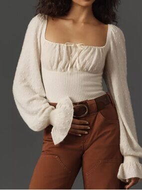 Anthropologie ~ Ivory Swiss Dot Square-Neck Long Sleeve Top